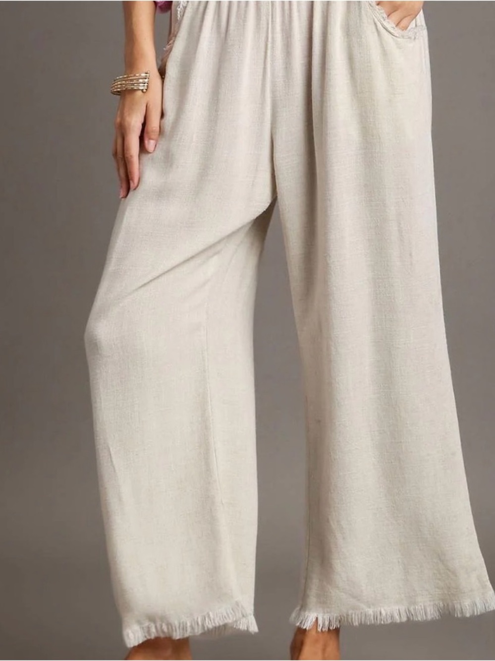 Umgee Cream Wide-Leg Fringe Hem Pants - Picture 1 of 4